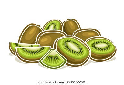 Vector logo for Kiwi Fruit, decorative horizontal poster with outline illustration of juicy kiwi composition, cartoon design fruity print with many chopped kiwi fruit parts on white background