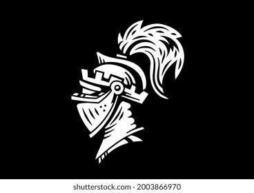 Vector logo knight head in helmet with feathers on black background. Line art flat style design of white medieval knight head