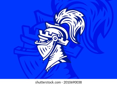 Cabeza de caballero del logo vectorial con casco con plumas de fondo azul. Diseño de líneas de arte de estilo plano de cabeza blanca y negra de caballero medieval