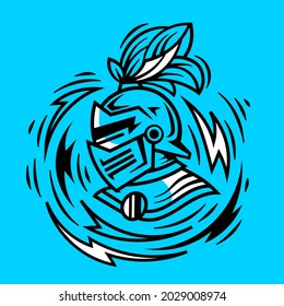 Vector logo knight head in helmet with feathers on blue background and lines. Line art flat style design of white and black medieval knight head