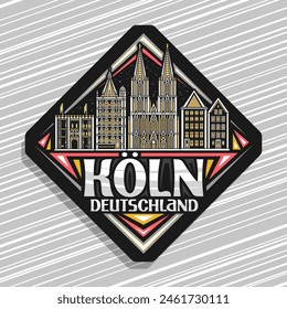 Logotipo de Vector para Koln, señal de carretera de rombo negro con ilustración de línea de paisaje de la ciudad de koln europea famosa en el fondo del cielo nocturno, imán de refrigerador urbano decorativo con palabras koln deutschland