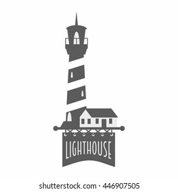 Vector logo, label or badge design template with lighthouse. Black and white illustration