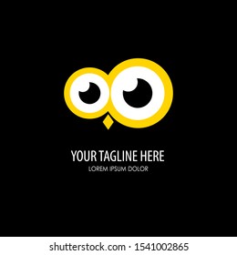 Logotipo vectorial, etiqueta, placa, emblema o elemento de logotipo con ojos de color amarillo búho sobre fondo negro. Ilustración de pájaro para elementos de diseño empresarial, corporativo o web