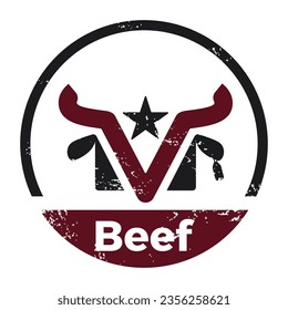 vector logo label for beef products with a cow and star icon in a circle emblem format and negative space beef