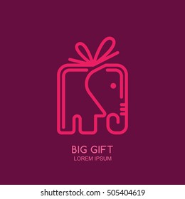 Vector logo, label or emblem design template with linear style elephant gift box. Creative trendy concept for holidays and gift shop. Outline elephant symbol.