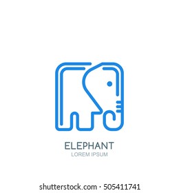 Vector logo, label or emblem design template with linear style square elephant. Creative trendy concept for business identity. Outline blue elephant isolated symbol.