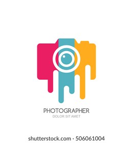 Vector logo, label, emblem design template. Isolated digital photo camera with colorful stripes. Concept for photographer, portfolio, photo album and photo app.