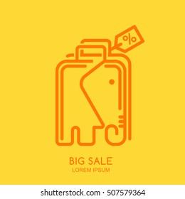Vector logo, label or emblem design template with linear style elephant shopping bag with tag. Creative trendy concept for online shopping, sales, internet shop and stores. Outline elephant symbol.
