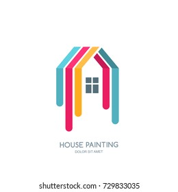 Vector logo, label, emblem design with painted home. House painting service, decor and repair multicolor icon. Concept for home decoration, building, house construction and staining.