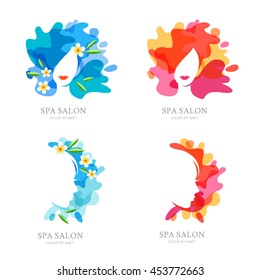Vector logo, label, emblem set. Female face and flowers on water splash background. Design for spa, ayurveda, beauty salon, cosmetics, cosmetology. Womens hairstyle and haircut isolated illustration.