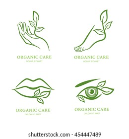 Vector logo, label, emblem set. Female hand, foot, eye, lips with green leaves, isolated. Concept for beauty spa salon, cosmetic, manicure, pedicure and organic body care.