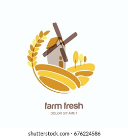 Vector logo, label, emblem with wheat, barley, or rye ears and windmill in field. Farm landscape isolated illustration. Concept for agriculture, organic cereal products, bread and bakery.