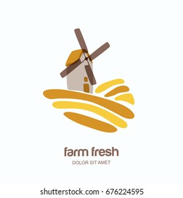 Vector logo, label, emblem with windmill in wheat field. Farm landscape isolated illustration. Concept for agriculture, organic cereal products, bread and bakery.