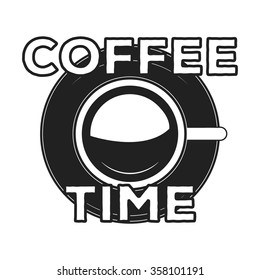 Vector logo, label, print,  illustration with coffee cup and text, vector coffee mug on white background