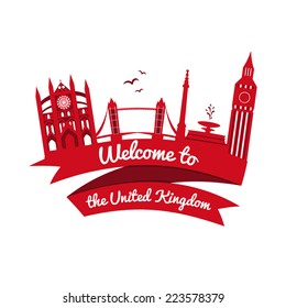 Vector logo landmarks of United Kingdom with ribbon and welcome message