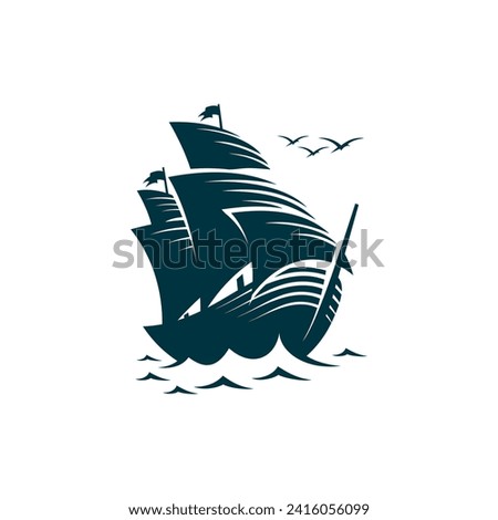 vector logo of a large sailing ship and sea waves