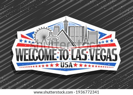 Vector logo for Las Vegas, white decorative badge with illustration of american city scape on day sky background, art design fridge magnet with unique lettering for black words welcome to las vegas.