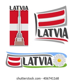 Vector logo for Latvia, 3 isolated illustrations: Freedom Monument in Riga on background of national state flag, symbol of Latvia architecture and latvian flag beside camomile, chamomile close-up