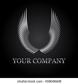 Vector logo for lawyer, jewelry store, clothing shop, designer. Rock style. Black wings on white background.