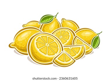 Logo vectorial para Lemones, afiche horizontal decorativo con diseño de dibujos animados composición de vida de limón frutado, impresión de fruta con muchas partes enteras y jugosas picadas de limones crudos maduros con hojas verdes