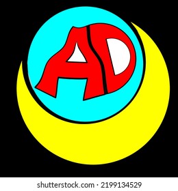 vector logo with letter AD, with yellow semicircle and blue circle circle, red letter, black background