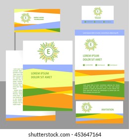 Vector logo with letter E. Banner and flag with concept symbols of natural eco resources and energy. Saving energy resources. Improving energy efficiency. 