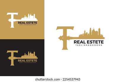 Vector Logo Letter T Key, Real estate vector logo. House, Apartment, Residence, Building, Real Estate etc. Logo in the form of a key with a building or house.