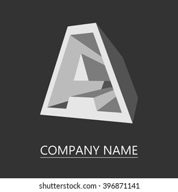Vector logo letters A. Geometric three-dimensional letter in shades of gray. Isolated on a black background. Contains a space for your text. EPS10.