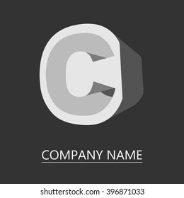 Vector logo letters C. Geometric three-dimensional letter in shades of gray. Isolated on a black background. Contains a space for your text. EPS10.