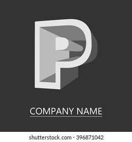 Vector logo letters P. Geometric three-dimensional letter in shades of gray. Isolated on a black background. Contains a space for your text. EPS10.