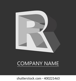 Vector logo letters R. Geometric three-dimensional letter in shades of gray. Isolated on a black background. Contains a space for your text. EPS10.