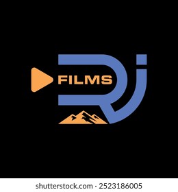 Logotipo vetorial com as letras R e J com uma combinação de ilustrações de montanha, um logotipo relacionado com a indústria cinematográfica ou documental