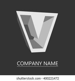 Vector logo letters V. Geometric three-dimensional letter in shades of gray. Isolated on a black background. Contains a space for your text. EPS10.