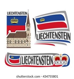 Vector logo Liechtenstein architecture, 3 isolated illustrations: Cathedral of St. Florin in Vaduz on background of national state flag, symbol and flag Principality of Liechtenstein princely crown