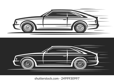 Logotipo de Vector para el coche de Liftback, Anuncios decorativos automotrices con ilustración de arte de Clip del coche conceptual de liftback vintage en movimiento, arte de línea que ejecuta el coche monocromo de fastback sobre fondo blanco y negro