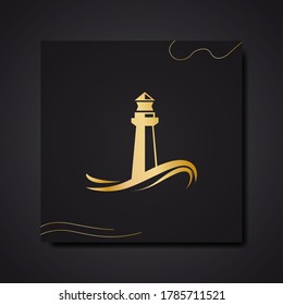 Vector logo lighthouse. Luxury greeting card. Invitation template, gold on black background