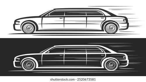 Logotipo del Vector para la limusina, Anuncios decorativos automotrices con la ilustración de la obra de arte del coche elegante del concepto de la limusina en movimiento, arte del Clip que corre la limusina monocromática en el fondo blanco y negro