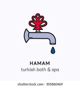 Vector logo line art icon for hamam - turkish bath or spa center. Illustration of orient tap with drop of water