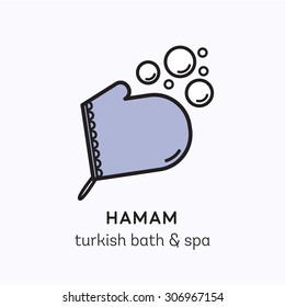 Vector logo line art icon for hamam - turkish bath or spa center. Illustration of kese mitten with foam bubbles