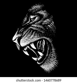 The Vector logo lion for tattoo or T-shirt print design or outwear.  Hunting style lions background.