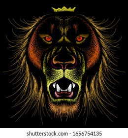 The Vector logo lion for tattoo or T-shirt print design or outwear.  Hunting style lions background. This drawing would be nice to make on the black fabric or canvas.