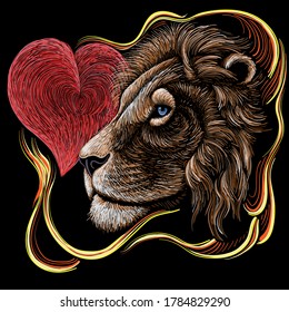 The Vector logo lion for tattoo or T-shirt print design or outwear.  Hunting style lions background. This drawing would be nice to make on the black fabric or canvas.