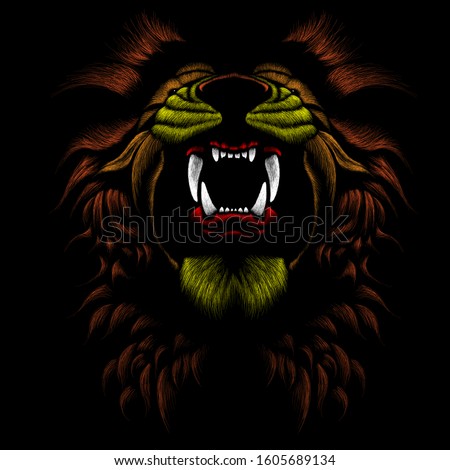 The Vector logo lion for tattoo or T-shirt print design or outwear.  Hunting style lions background. 