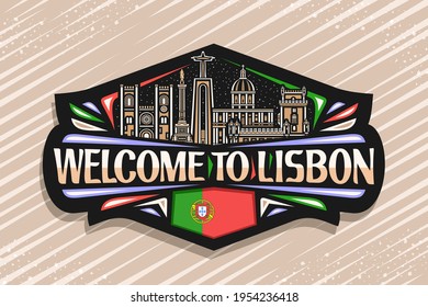 Vector logo for Lisbon, black decorative tag with outline illustration of lisbon city scape on dusk sky background, art design tourist fridge magnet with unique lettering for words welcome to lisbon.