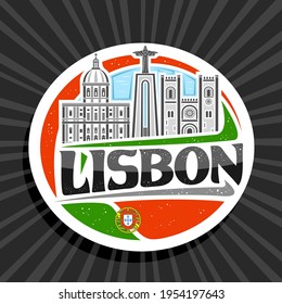 Vector logo for Lisbon, white decorative tag with outline illustration of lisbon city scape on day time sky background, art design tourist fridge magnet with unique brush letters for black word lisbon