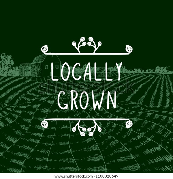 Vector Logo Locally Grown, Farming Icon,\
Doodle Framel, Farm Field\
Background.