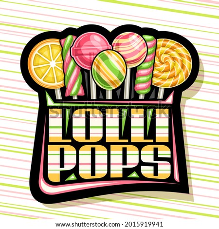 Vector logo for Lollipops, black decorative signboard with various green and yellow cartoon lollipops in a row, square poster with unique brush lettering for words lolli pops on striped background.