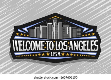 Vector logo for Los Angeles, dark decorative signage with line illustration of modern LA cityscape on dusk sky background, tourist fridge magnet with brush letters for words welcome to los angeles USA