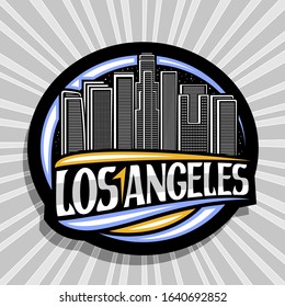 Vector logo for Los Angeles, dark decorative round stamp with draw illustration of contemporary cityscape on dusk sky background, tourist fridge magnet with creative brush letters for word los angeles