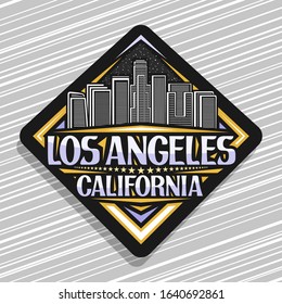 Vector logo for Los Angeles, dark rhombus sticker with line illustration of famous evening los angeles cityscape, tourist badge with brush letters for words los angeles california and stars in a row.